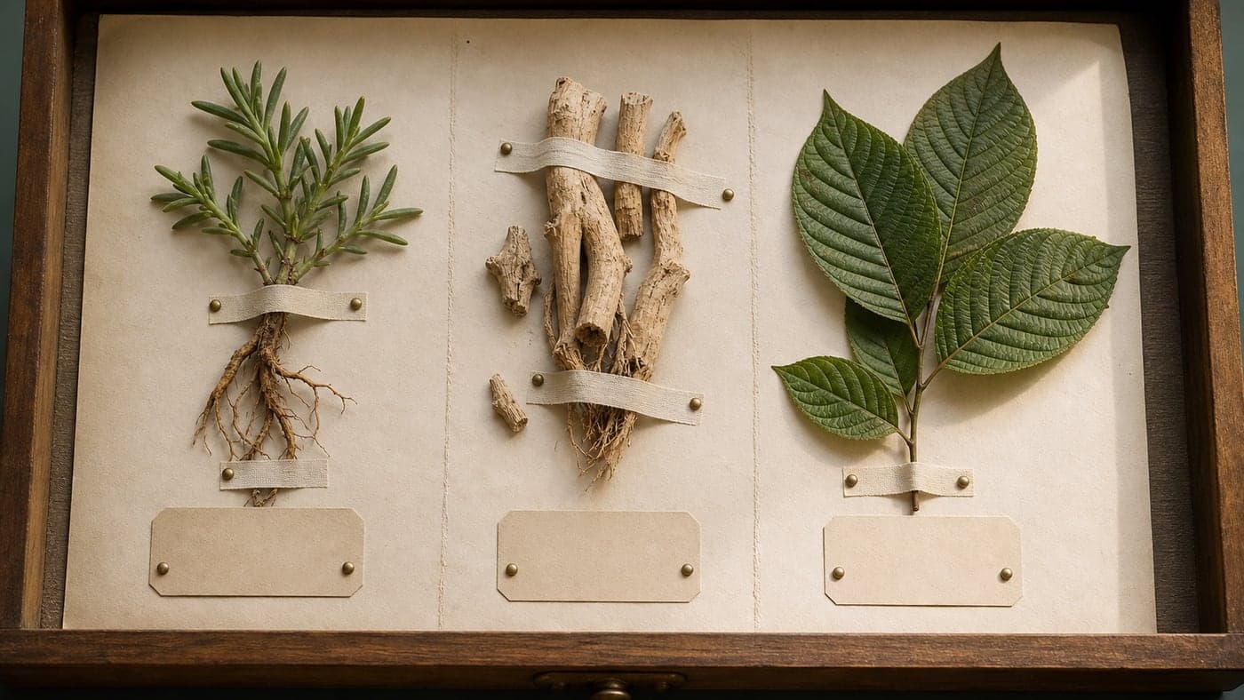 Herbarium specimen drawer with three separated botanical samples: kanna-inspired succulent cutting, kava-style root pieces, and kratom-inspired leaves.
