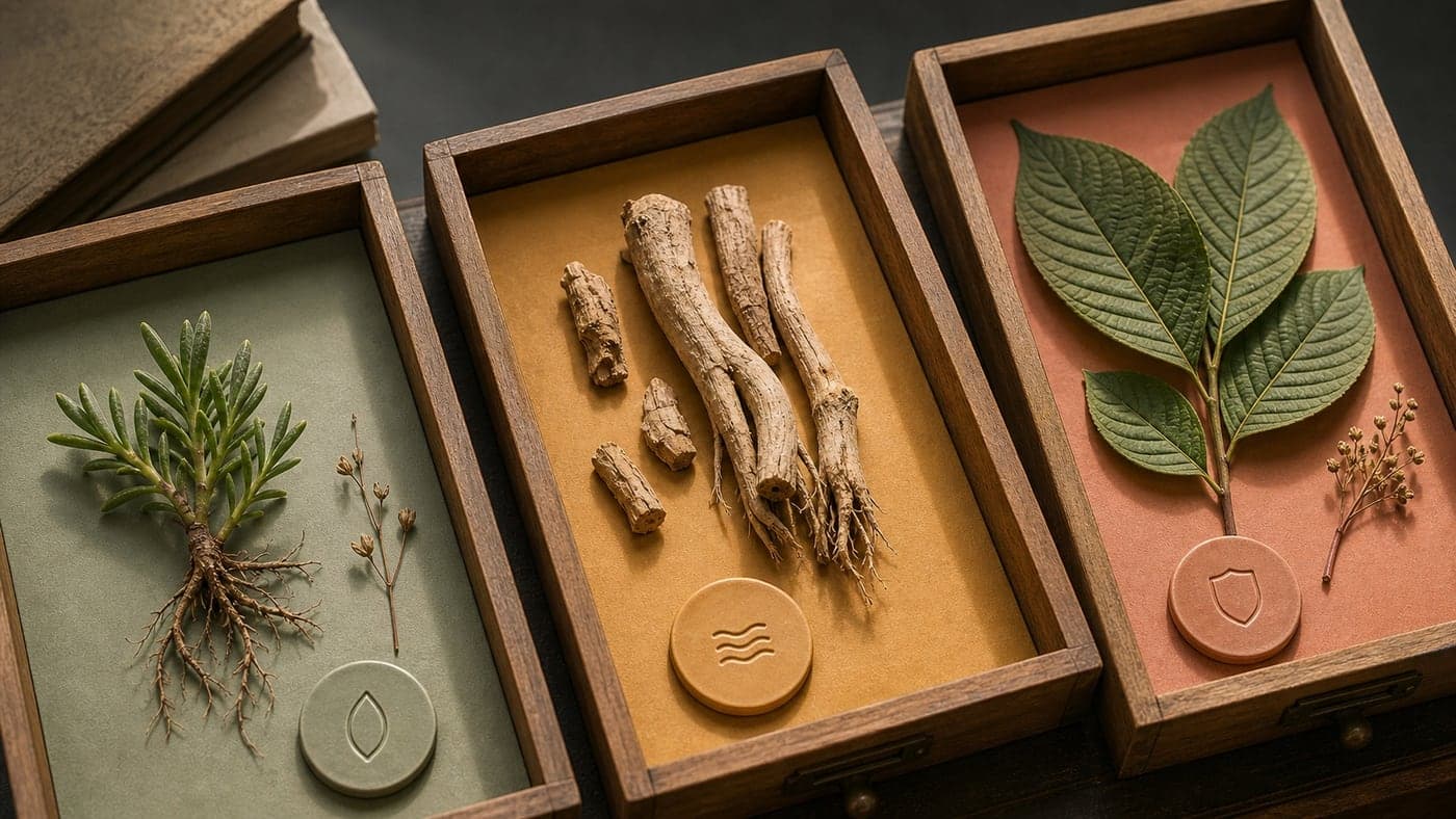 Archival specimen drawers arranged diagonally in sage, amber, and muted coral with separate botanical samples and icon-only caution tokens.