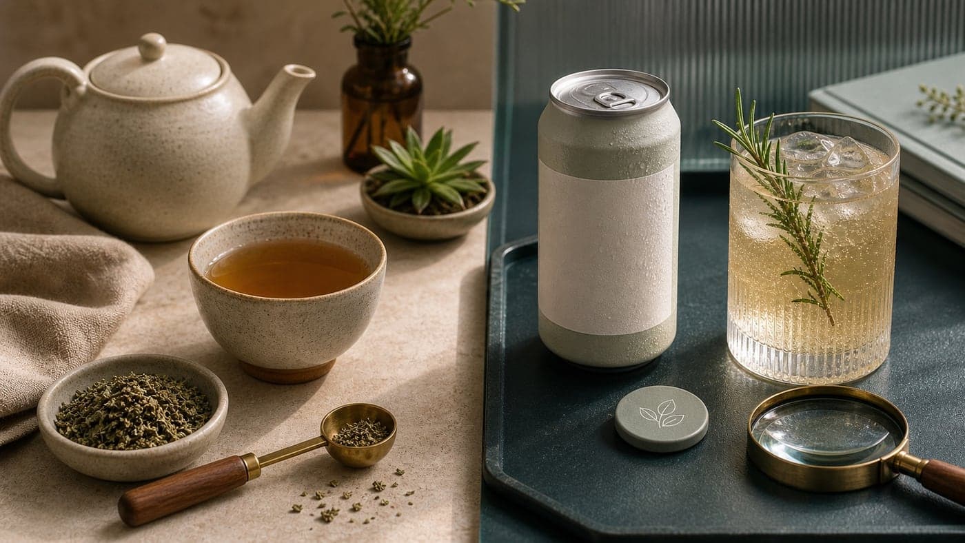 Split-scene comparison with DIY tea preparation on one side and a generic blank canned botanical drink with verification objects on the other.