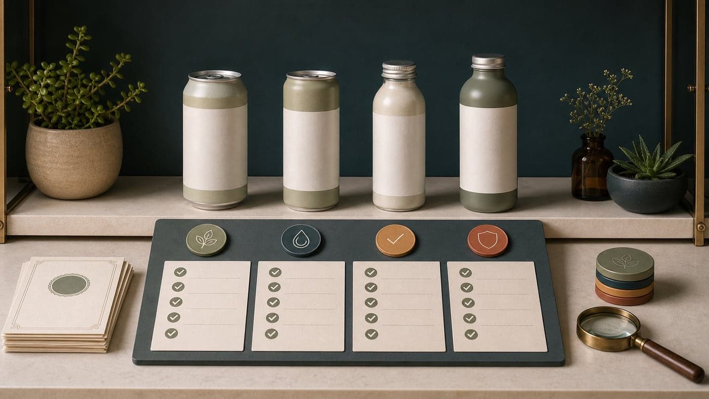 Product review shelf with four generic blank botanical drinks above an icon-only verification board, loupe, and blank certificate cards.