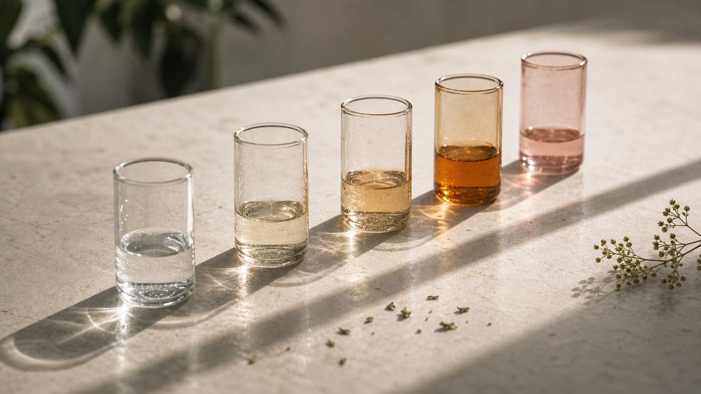 Five translucent glass vessels arranged in a light-filled row from clear to pale amber, ending with a muted coral caution vessel.