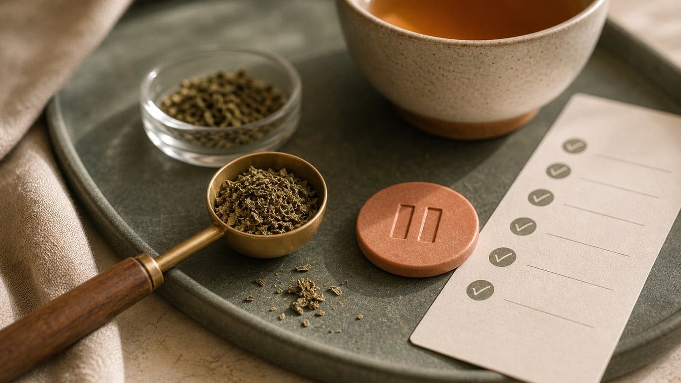 Macro tea-safety scene with brass measuring spoon, dried botanical material, muted coral pause token, amber tea cup, and blank checklist strip.