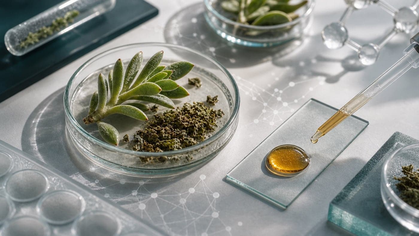 Scientific editorial macro with petri dish plant material, amber extract droplet, pipette, glassware, and soft abstract research shapes.