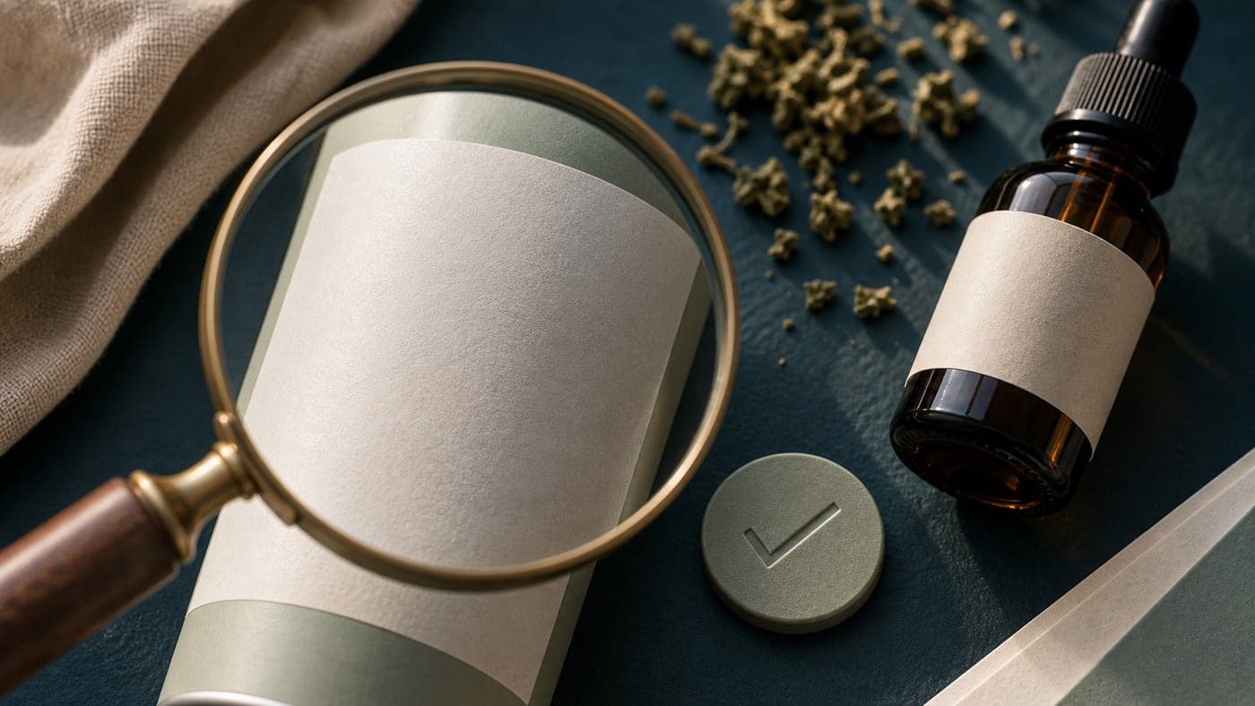 Macro label-check scene with a blank botanical drink can under a brass magnifying glass, amber bottle edge, and sage verification token.