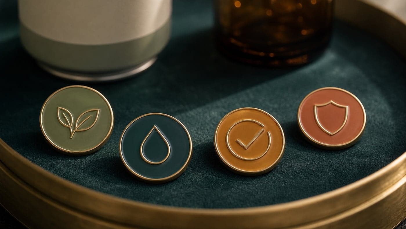 Macro image of four enamel-like verification tokens with leaf, droplet, checkmark, and shield icons on a deep teal surface.