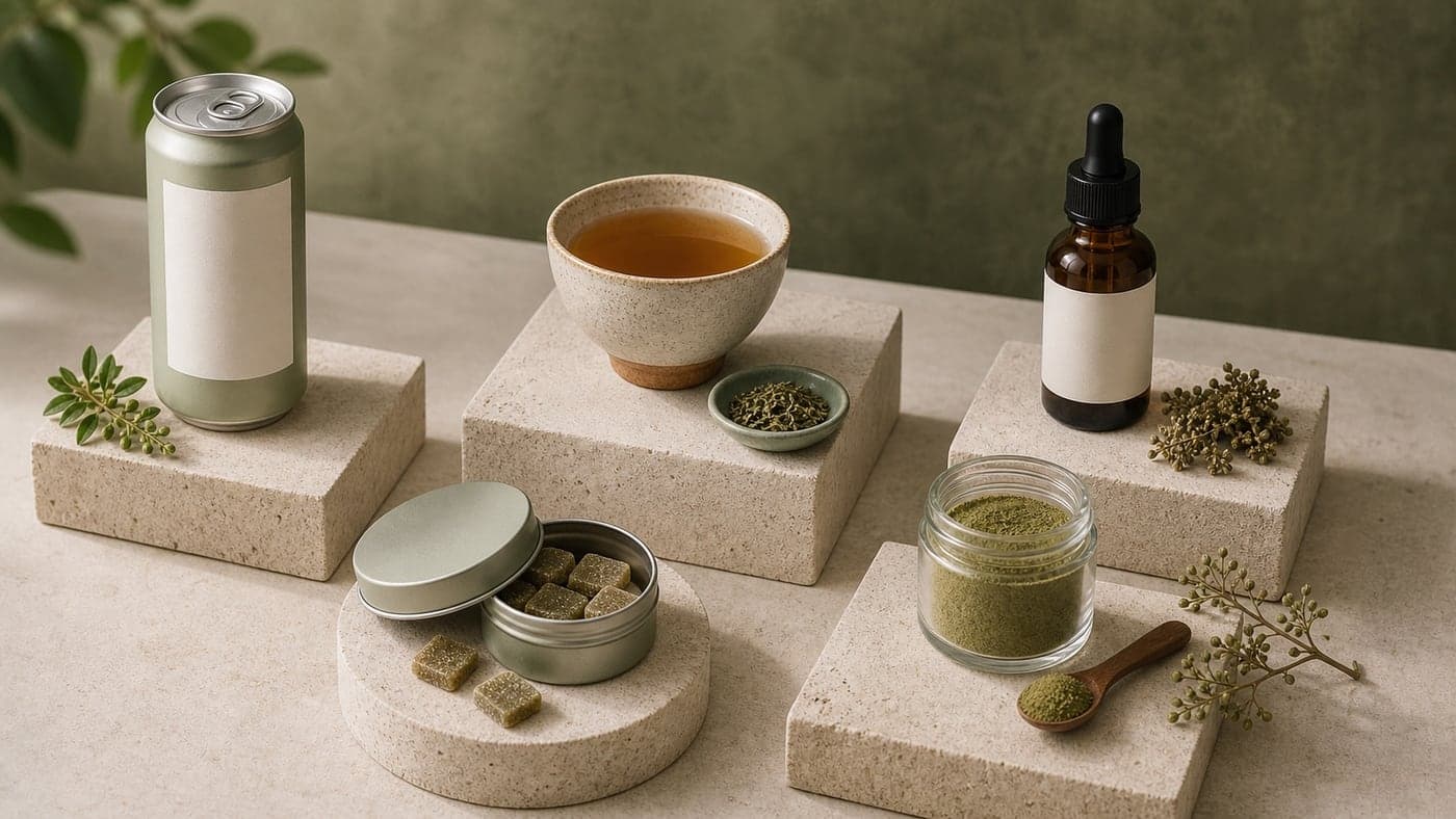 Modular product taxonomy scene with blank canned drink, tea cup, tincture bottle, chew tin, and powder jar on separate limestone plinths.