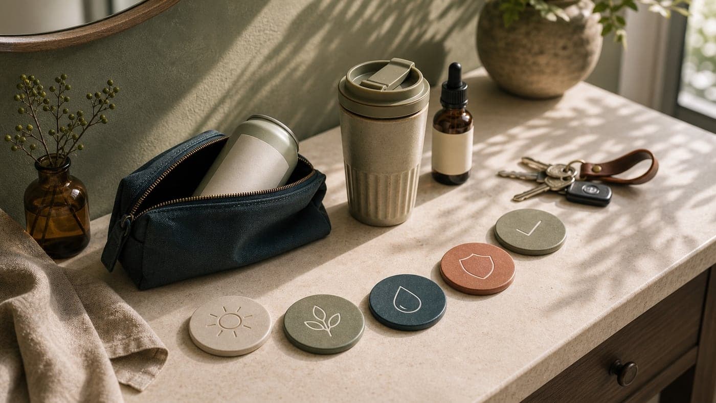Entryway decision scene with a blank drink can in a deep teal pouch, travel tea cup, amber bottle, keys, and ceramic icon tokens.