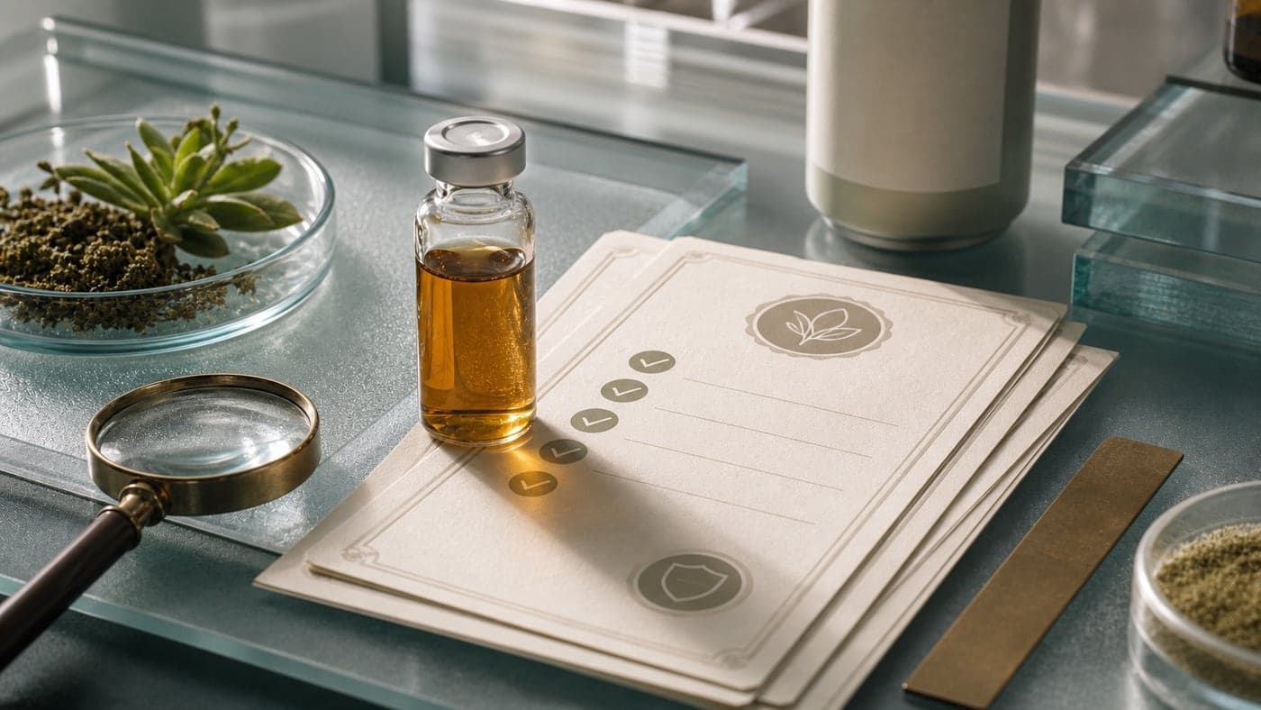 Quality-verification bench with amber sample vial, blank certificate-style papers, magnifying loupe, and generic blank drink product in the background.