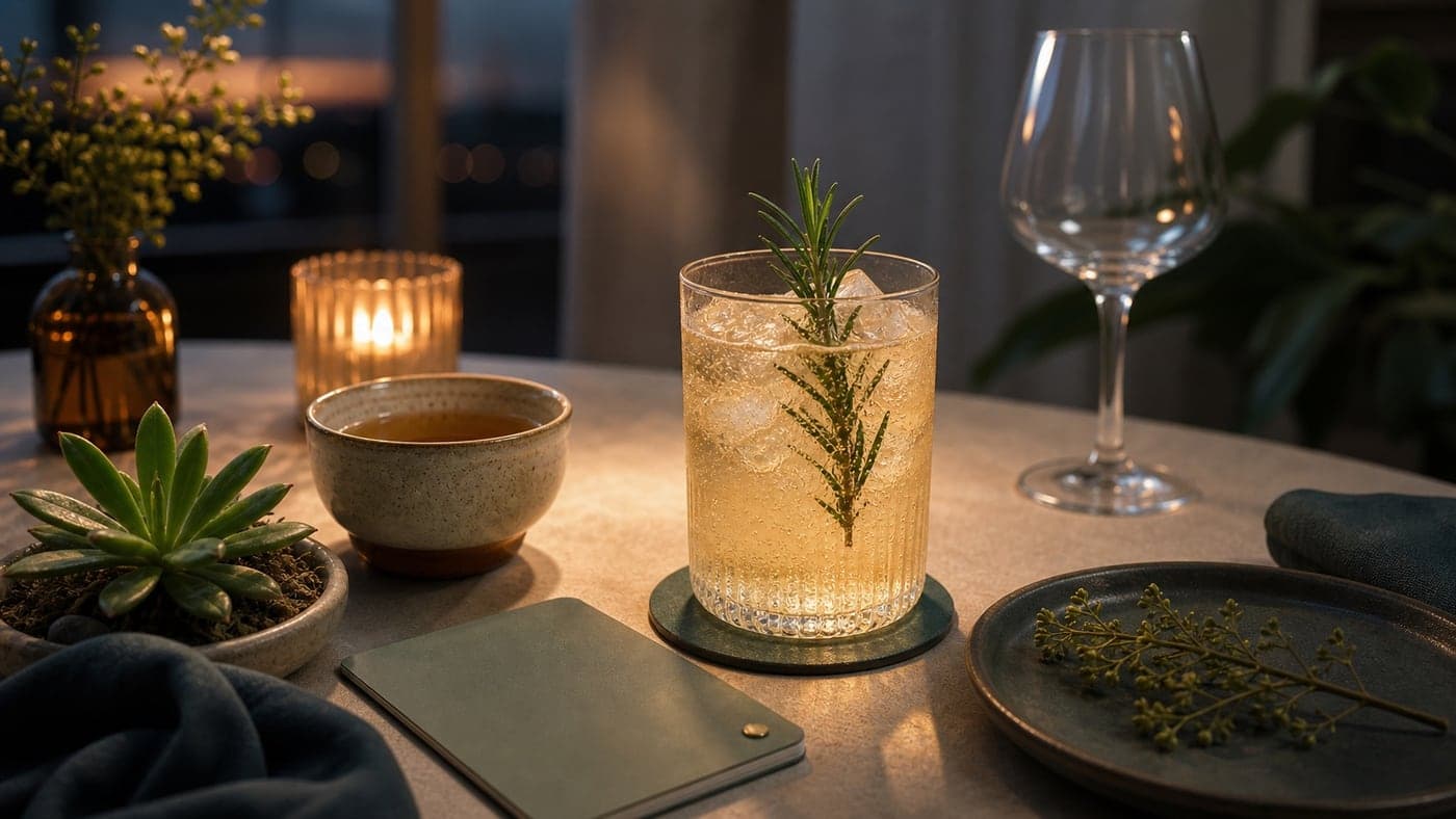 Evening table scene with a botanical non-alcoholic spritz and tea in focus, candlelight, and an empty wine glass set aside in the background.