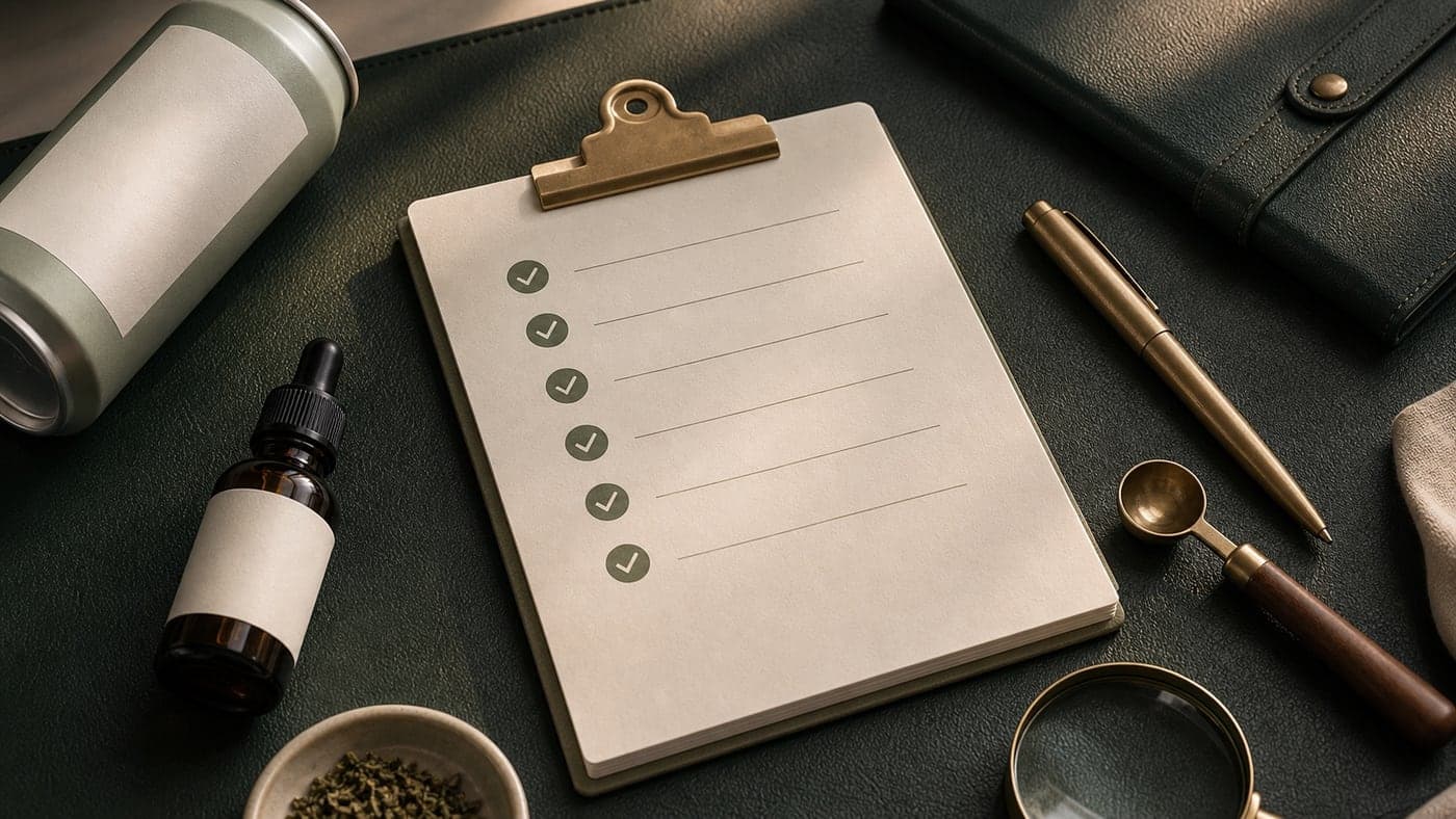 Dark green review desk with a blank checklist card, checkmark icons, blank drink can edge, amber bottle, brass pen, and measuring spoon.
