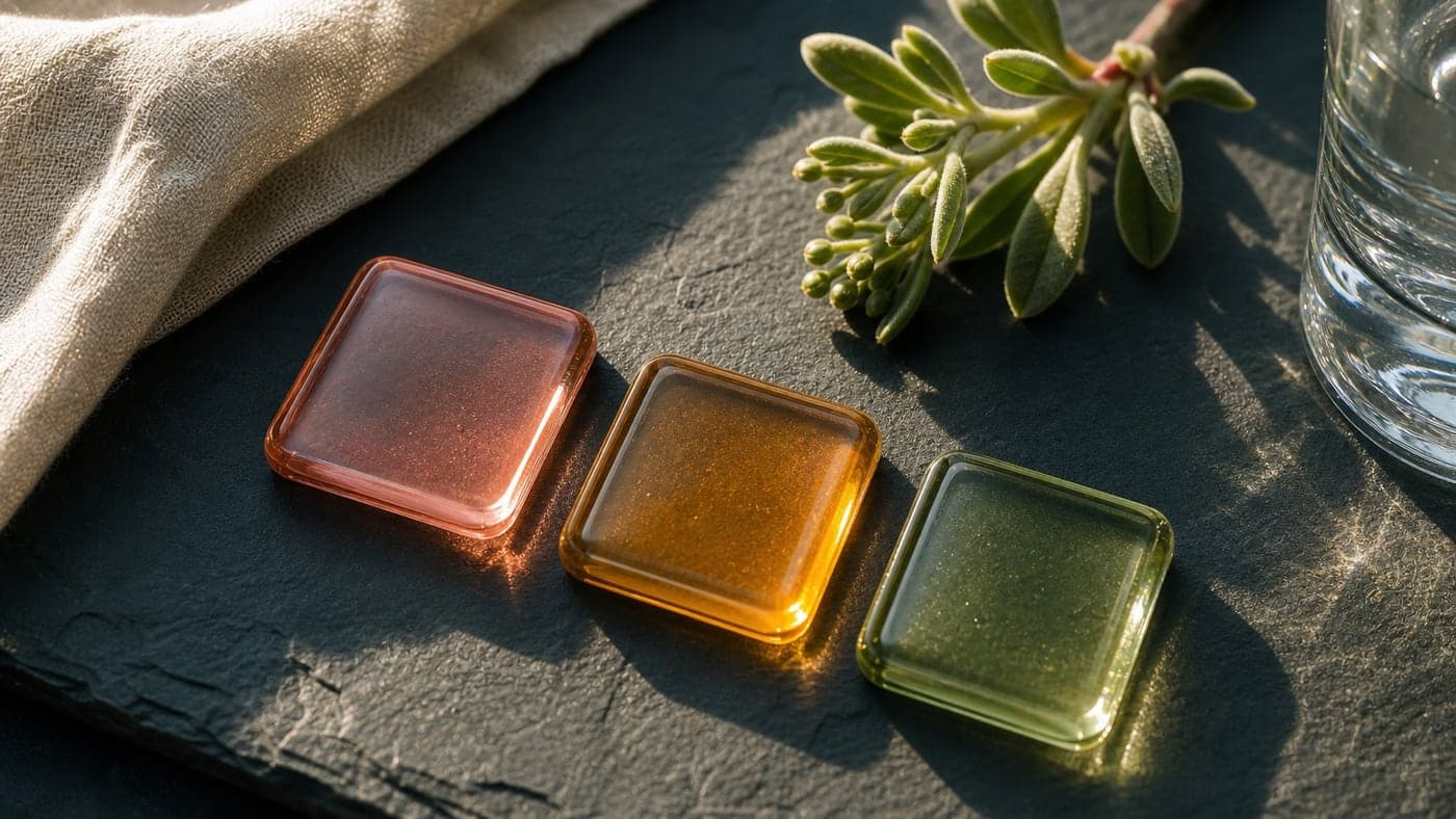 Macro image of coral, amber, and sage glass tiles on a deep teal surface with water glass highlights and a small plant cutting.